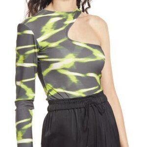 NWT OPEN EDIT One Shoulder Cutout Bodysuit Neon Green Lightstripe Print M
